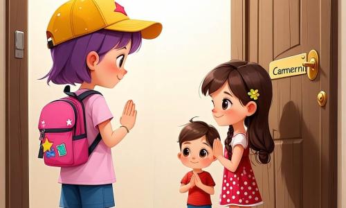 Ci sono quattro bambine di 5 anni: Lila, capelli corti viola con un piccolo cappellino giallo a forma di stella, al centro a sinistra con le mani giunte; Nora, capelli castani sciolti con uno zainetto rosa, dietro a sinistra mentre apre una porta con la scritta Camerini; Pina, due lunghe trecce rosse in vestito a pois rossi, a destra di Lila che indica una scala verso le gradinate; Mia, capelli biondi raccolti in una coda e stivaletti blu, in primo piano a destra che salta guardando un tintinnio su un carretto di oggetti. Luogo: un grande tendone a pois rossi e blu su una prateria al crepuscolo, lanterne sospese, pista centrale in legno lucido, gradinate bianche, ingresso con cartello Entrée e un piccolo carretto di accessori a destra. Situazione: le quattro amiche esplorano i retroscena del circo davanti a una grande tenda rossa socchiusa, illuminate da lanterne, con un clown sorridente che le invita a entrare.