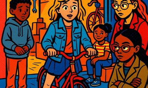 Ci sono 5 personaggi: Giulia, 11 anni, al centro con le mani sul manubrio di una bicicletta rossa, viso sorpreso e sollevato, guarda Leo; Leo, 9 anni, a sinistra davanti al garage, cappuccio grigio, mani tremanti, sguardo colpevole ma tenero, scarpe sporche; Nina, 11 anni, a destra, calma con le braccia incrociate e occhiali, osserva un taccuino a terra; Sara, 11 anni, dietro Giulia con un taccuino aperto e matita, atteggiamento da investigatrice curiosa; Amina, 11 anni, seduta su una cassa, sorridente e osservatrice. Luogo: garage aperto con porta metallica sollevata, luce gialla che attraversa la polvere, interno ingombro con casse, bici vecchia, attrezzi al muro, neon che lampeggia e pavimento di cemento con tracce di pneumatici e schizzi di sapone. Situazione: momento della scoperta della bicicletta rossa nel garage; Leo confessa abbassando lo sguardo mentre Giulia riprende la bici; atmosfera di emozioni incrociate (colpa, sollievo, curiosità) resa con colori saturi, contorni netti e campiture tipiche del pop art.