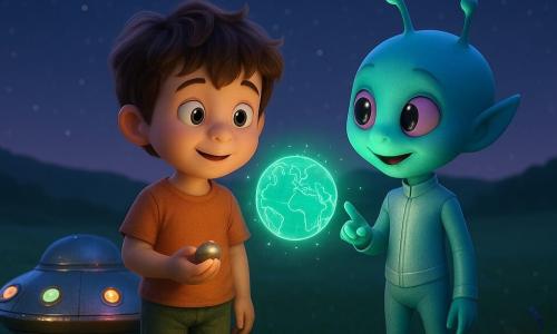 Un bambino di 6 anni, Tommaso, viso rotondo, capelli castani arruffati, occhi grandi e luminosi, espressione meravigliata e dolce, tiene una piccola pietra scintillante e guarda un'astronave posata sull'erba; un extraterrestre chiamato Zilli, di taglia simile, pelle azzurra, grandi occhi violacei, tuta argentata con piccole luci sulle scarpe, sorride gentilmente e indica una mappa luminosa fluttuante accanto all'astronave; il prato è una vasta distesa ondulata sotto un cielo stellato, erba verde scuro, poche fioriture selvatiche luminose e una leggera foschia al suolo; l'astronave è rotonda come un biscotto, metallo lucido e piccole finestre colorate; scena principale: incontro notturno tenero e magico — Tommaso e Zilli fianco a fianco davanti all'astronave, una luce verde/viola illumina i loro volti, atmosfera calma, calda e curiosa.