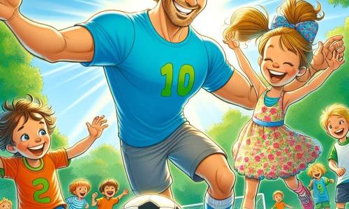 Max, een atletische man van in de dertig, draagt een felblauw T-shirt met nummer 10 en heeft een grote glimlach op zijn gezicht. Hij demonstreert een dribbeltechniek met een voetbal, zijn ogen sprankelend van enthousiasme. In de buurt kijkt Tim, een 10-jarig jongetje met wild bruin haar en een stralende glimlach, naar Max met bewondering, terwijl hij een bal onder zijn arm houdt. Een 9-jarig meisje in een mooie bloemenjurk met een grote strik in haar haar juicht van blijdschap met opgestoken armen voor een imaginaire goal. De scène speelt zich af op een groen voetbalveld in de zon, met bomen op de achtergrond en kinderen in felle kleuren die samen een vrolijke en dynamische sfeer creëren. De hoofdactiviteit toont Max die de kinderen leert dribbelen en de bal passen, terwijl ze samen plezier hebben en lachen, wat de teamgeest en het plezier van het spel belichaamt.