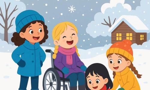 There are 4 children: Mia, a 6-year-old girl with curly brown hair, wearing a bright blue coat and a matching hat. She stands with her hands on her hips, smiling in wonder. Lena, a 7-year-old girl in a wheelchair with braided blonde hair, wears a pink scarf and a purple coat, joyfully watching the snowflakes fall. Emma, a 5-year-old girl with straight black hair, is crouched down in a red coat and green gloves, ready to make a snowball. Sophie, a 6-year-old girl with brown hair in braids, dressed in a yellow coat and polka dot hat, stands next to Mia holding a small plastic shovel. The setting is a snowy garden with trees covered in sparkling snow and a thick white blanket on the ground, as large snowflakes gently fall from the light gray sky. In the background, a small wooden house with illuminated windows adds warmth to the scene. The main activity shows the children building a small snow wall, laughing and having fun together. Mia and Sophie are stacking snow blocks while Emma prepares snowballs, and Lena encourages them with a big smile. The atmosphere is joyful and filled with winter magic.