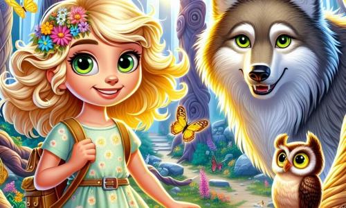 Ein 10-jähriges Mädchen, Mia, mit schwebendem goldenen Haar und neugierigen funkelnden Augen, steht mutig im Mittelpunkt der Szene, lächelnd und entschlossen. Sie trägt ein leichtes Blumenkleid und einen kleinen Rucksack. Neben ihr steht ein großer grauer Wolf mit leuchtend grünen Augen und einem freundlichen Ausdruck, leicht geneigt und bereit, seine Geschichten zu teilen. Im Hintergrund beobachtet eine alte Eule mit braunen Federn und weisen Augen, die auf einem Ast sitzt, die Szene mit Interesse. Der Schauplatz ist eine verzauberte Lichtung, umgeben von großen knorrigen Bäumen und üppigem Laub, getaucht in das goldene Licht der untergehenden Sonne. Die Hauptsituation zeigt Mia und den Wolf, die fröhlich diskutieren, während bunte Blumen und Schmetterlinge um sie herumtanzen und eine magische und einladende Atmosphäre schaffen.