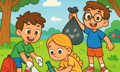 Há 3 personagens: Léo, um garoto de 8 anos com cabelo castanho bagunçado e um grande sorriso, vestindo uma camiseta verde e um short azul, está pegando um pedaço de plástico com uma mochila vermelha ao lado. Bia, uma menina de 7 anos com longos cabelos loiros trançados, usa um vestido amarelo com flores e sandálias, agachada, segurando uma garrafa de vidro que encontrou, com uma expressão determinada. Tom, um garoto de 8 anos com óculos e cabelo castanho, veste uma camiseta azul e um short, está em pé mostrando uma sacola cheia de lixo para seus amigos, sorrindo. A cena acontece em um parque verdejante, cheio de árvores majestosas, flores coloridas e um céu azul radiante. Os três amigos estão animadamente limpando o parque, recolhendo lixo e transformando o ambiente de sujo para limpo e acolhedor, onde a natureza pode prosperar.