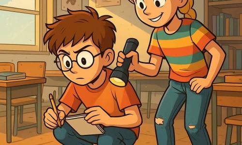 A 12-year-old boy with messy brown hair and round glasses is crouched down, looking focused and curious. His eyes shine with excitement as he examines a shoe print on the floor, holding a notebook. Next to him, an 11-year-old girl with a blonde braid and a mischievous smile holds a flashlight, ready to assist him in his investigation. She wears a colorful striped t-shirt and worn jeans. They are in a messy classroom filled with wooden desks, scattered books, and animal posters. Sunlight filters through an open window, illuminating the dust in the air. The main scene shows the boy and girl actively investigating, searching for clues to find a missing valuable trophy, with a palpable atmosphere of mystery and adventure.