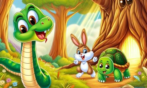 A snake named Sammy, with shiny green scales and sparkling curious eyes, happily slithers through the tall grass, a wide smile on his face. Next to him, Benny the Bunny, a small rabbit with big ears and white fur, jumps enthusiastically, his round eyes filled with excitement. Tilly the Tortoise, a wise turtle with a colorful shell, moves slowly but surely, smiling kindly. The scene takes place in an enchanted forest, bathed in golden sunlight, with majestic trees and bright green leaves, while a sparkling stream winds through the landscape. Sammy, Benny, and Tilly stand before a large ancient tree, its base adorned with a small mysterious door, ready to discover the hidden treasure inside. The atmosphere is filled with excitement and camaraderie as they prepare to open the door and reveal the surprises that await them.