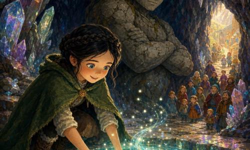 A young woman with braided black hair and ocean-colored eyes kneels in a green wool cloak and muddy boots, plunging her hands into a glowing spring in a crystalline mountain cave; behind her stands a massive ancient stone giant with cracked rock texture and soft amber eyes, guarding the entrance; villagers in colorful country clothes gather down the path ready to celebrate; iridescent crystals, rainbow reflections, delicate stalactites and a polished stone floor surround a blue-green glowing pool; the scene centers on the spring with sparkling, swirling water and will-o'-wisp lights, a warm mysterious atmosphere and strong contrasts between rock shadows and the spring's light.