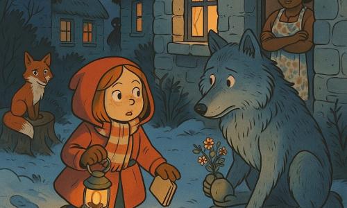 An 8-year-old girl with a round freckled face, bright curious eyes and a gentle determined expression wears a red hooded coat, a striped scarf and muddy boots; she holds a small tarnished metal lantern and a sketchbook, walking slowly toward a large grey-blue wolf with thick textured fur, tired but kind eyes and a humble crouched posture, who sits by the curtainless doorway of a cottage holding a small stone and a bouquet of flowers; Ms. Alder, a human woman of about 50 in a floral dress and apron, stands slightly behind to the right at the neighbor's door with crossed arms but a surprised, softened face; a red fox perches on a stump to the left, ears pricked and mischievous; the scene is a winter village lane between stone houses with thatched roofs, one bare window, frosty ground with wide footprints, warm oil lamps, thorny trees and a dark copse in the background, twilight mood, warm lantern and window contrasts against bluish snow, medium-shot composition, clear style with clean lines, saturated colors and reassuring, readable expressions.