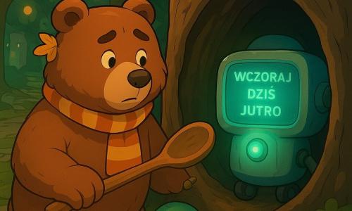 Duży pluszowy brązowy miś o okrągłej twarzy i łagodnych oczach, z ciekawym, lekko zaniepokojonym wyrazem, trzyma zużytą dużą drewnianą łyżkę w prawej łapie i półpochyla się przed otworem starego pnia; ma teksturowe futro, mały prążkowany szalik i złoty listek za uchem. Obok po lewej stoi mały towarzyszący robot na dwóch kółkach, okrągły korpus, ekran‑głowa z pikselowymi uśmiechniętymi oczami, zielona farba i szczotkowany metal, antena skierowana ku pniowi jakby nadzorował. W tle leśna alejka z mchem, korzeniami i jasnymi płytami „eko‑dzielnicy”, zwisające rośliny na ścianach i unoszące się okrągłe lampy w zławo‑zielonej, zmierzchowej tonacji. W środku pnia widać maleńką błyszczącą kabinę czasu z przezroczystymi ścianami i metalowym pokrętłem w środku z napisem wczoraj / dziś / jutro (stylizowany, lekko zamazany), przycisk emituje błękitno‑zielony blask; miś wyciąga łyżkę w stronę kabiny, robot czuwa obok — ujęcie w półpostaci, lekka perspektywa trzech czwartych, miękkie kontrasty i cienie, ciepła, tajemnicza atmosfera, bez widocznego tekstu.