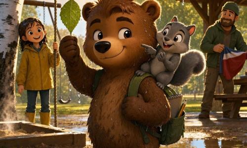 A young anthropomorphic brown bear named Bram with slightly tousled fur, round mischievous eyes, wet and mud-speckled, proudly holds a birch leaf in his right paw; he wears a small green backpack with an open notebook and a pencil sticking out, wearing a relieved, confident expression. A glossy gray squirrel named Zip with a big bushy tail perches on Bram's shoulder, grinning and pointing at the leaf as if applauding. In the background a smiling girl with wet hair and a yellow jacket holds a flag rope and looks toward Bram while an adult folds a flag near a picnic shelter; they stand a few steps away, grateful. The setting is a park edge after rain: muddy ground with reflective puddles, a white-barked birch streaked with black, dripping swings, a still-steaming sandbox, and a shiny metal storm grate with a leaf stuck under it. The main moment is a quiet victory—Bram has just retrieved the leaf from the drain, triumphant but gentle, water droplets beading on the leaf, golden light filtering after the shower, close-up compositions emphasizing emotion and details (droplets, fur texture, leaf veins).