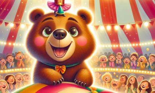 Un grande orso bruno, di nome Bruno, con un sorriso gioioso e occhi scintillanti, si trova su un enorme pallone colorato, pronto a saltare. Ha un pelo morbido e setoso e indossa un piccolo cappello da clown. Accanto a lui, una giovane acrobata di nome Lella, con i capelli biondi in treccia e un costume scintillante dai colori vivaci, lo incoraggia con un grande sorriso, le braccia alzate in segno di eccitazione. Sullo sfondo, il tendone del circo è decorato con strisce rosse e bianche, con luci scintillanti e spettatori meravigliati che applaudono. La scena trasmette un'atmosfera festosa e magica, mentre Bruno, con un'espressione determinata, si prepara a saltare in aria, circondato da risate e applausi.