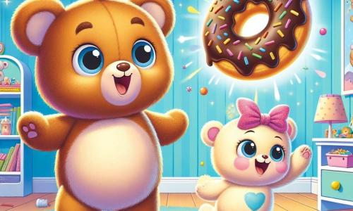 Bruno, un oso de peluche de grandes orejas y pelaje marrón suave, está de pie en el centro de la escena, con los ojos muy abiertos de sorpresa y una gran sonrisa en su rostro, mientras mira un donut de chocolate flotando frente a él. A su lado, su hermanita Osita, una osita con un bonito lazo rosa en la cabeza y pelaje crema, salta de alegría, con los brazos levantados, llena de emoción y curiosidad. El decorado es una habitación infantil colorida, con paredes pintadas de azul cielo, estanterías llenas de libros y juguetes, y una alfombra en forma de nube en el suelo. La suave luz de una lámpara en forma de estrella ilumina la habitación, creando una atmósfera cálida y mágica. La situación principal muestra a Bruno y Osita persiguiendo el donut flotante, que gira alegremente en el aire, rodeado de pequeñas estrellas brillantes y confeti colorido, añadiendo un toque festivo a la atmósfera lúdica de la escena.
