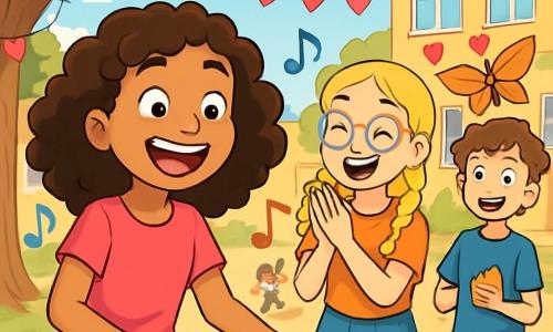 Ein 12-jähriges Mädchen, Mila, mit braunen, lockigen Haaren und einem strahlenden Lächeln voller Aufregung, spielt auf einem Klavier in einem sonnigen Schulhof. Sie trägt ein leuchtend pinkes T-Shirt und einen Blumenrock, während Musiknoten um sie herum schweben und eine fröhliche Atmosphäre schaffen. Neben ihr applaudiert ihre beste Freundin Jule, ebenfalls 12 Jahre alt, mit geflochtenen blonden Haaren und bunten Brillen, ihre Augen funkeln vor Freude. Ein Stück weiter steht Lukas, ein 12-jähriger Junge mit zerzausten braunen Haaren, mit einem breiten Lächeln und einem selbstgemachten Papier-Schmetterling, bereit, ihn in die Luft zu werfen. Die Szene spielt sich in einem lebhaften Schulhof ab, geschmückt mit rosa Ballons und Papierherzgirlanden, während andere Kinder um sie herum lachen und Spaß haben. Mila, mutig, spielt eine schöne Melodie zur Feier der Freundschaft, umgeben von ihren Freunden, die aufmerksam zuhören und einen magischen Moment des Teilens und der Freude zum Valentinstag schaffen.