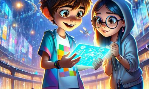 Un chico de 12 años, llamado Íñigo, se encuentra en el centro de la escena, con cabello castaño desordenado y ojos brillantes de curiosidad. Lleva una camiseta colorida y un pantalón corto, sosteniendo una tableta luminosa en sus manos, su rostro expresa tanto emoción como asombro. A su lado, su mejor amiga Lucía, una niña de 12 años con cabello largo y liso, usa gafas redondas y una sudadera con capucha, observando atentamente la pantalla de la tableta, con una sonrisa cómplice en el rostro. La escena se desarrolla en el Centro de Innovación de Neotrópolis, un enorme edificio futurista con fachadas de vidrio brillante, rodeado de drones flotantes y paneles holográficos coloridos que proyectan información en el aire. Luces brillantes iluminan el entorno, creando una atmósfera dinámica y tecnológica. Íñigo y Lucía están descubriendo un secreto oculto sobre el Proyecto Horizon, con los ojos fijos en la tableta que muestra imágenes misteriosas y datos intrigantes. La emoción de la aventura se refleja en sus rostros mientras se preparan para sumergirse en un mundo de descubrimientos y misterios.