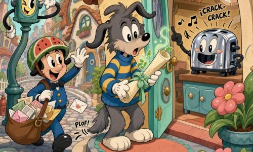 Personaje principal: Lupo, un pequeño lobo antropomórfico infantil de pelaje gris suave, ojos redondos brillantes, orejas caídas, suéter a rayas azul y amarillo, expresión maravillada y algo confusa, sosteniendo una enorme carta enrollada que huele a menta, de pie en el umbral con la cola caída; secundarios: una tostadora cromada antropomórfica en la encimera con ranuras como boca sonriente y pequeñas notas musicales, que suelta “¡crack-crack!” a la derecha, un cartero con casco en forma de rodaja de sandía y bolso rebosante en la calle visible tras la puerta, y un semáforo antropomórfico con un ojo parpadeante guiñando complice en un poste a la izquierda; lugar: calle de barrio exagerada y colorida con casas inclinadas de tejados caramelo, adoquines brillantes, flores gigantes y nubes en bucles, paleta pastel con toques menta y coral; situación: Lupo acaba de encontrar una carta oficial enorme que anuncia el “Día de las Tres Cosas Imposibles”, ambiente absurdo y jovial con objetos parlantes y vecinos extraños, composición dinámica en estilo cartoon retro fluido y elástico.