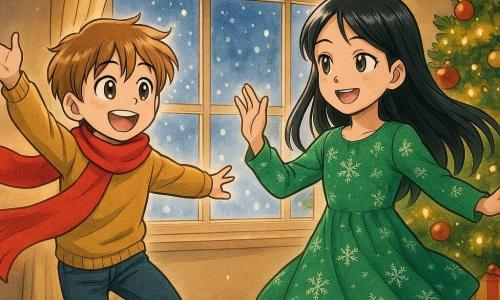 Un băiat de 8 ani, Luca, cu ochi sclipitori de curiozitate și păr castaniu deschis, dansează vesel lângă o fereastră luminată. Poartă un fular roșu aprins care flutură în spatele lui ca o dâră de lumină. Lângă el, o fată de 10 ani, Maria, cu păr lung și negru și un zâmbet strălucitor, îi imită mișcările cu grație. Este îmbrăcată într-o rochie verde decorată cu motive de fulgi de zăpadă. Scena are loc într-un living călduros, decorat de Crăciun, cu un brad mare strălucind de ghirlande aurii și globuri colorate. Prin fereastră, se văd fulgi de zăpadă căzând ușor, creând o atmosferă magică și feerică. Cei doi copii dansează împreună, mișcările lor fiind sincronizate, înconjurați de o aură de lumină blândă emanată de fereastra-lampadar.