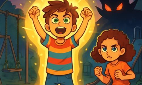 A 12-year-old boy, Felix, with messy brown hair and sparkling green eyes, stands in the center of the image with his arms raised, surrounded by a bright magical glow. He wears a colorful striped t-shirt and worn jeans, showing a determined and brave expression. Next to him is Clara, a 12-year-old girl with curly hair and bright blue eyes, standing ready with clenched fists and a focused look, prepared to help him. In the background, an old abandoned playground with rusty swings and ivy-covered slides is bathed in twilight light, creating a mysterious atmosphere. The scene depicts the moment when Felix and Clara confront a menacing Maleficent, a shadowy creature with glowing red eyes emerging from the darkness, while a brilliant light emanates from Felix, symbolizing their courage in the face of adversity.