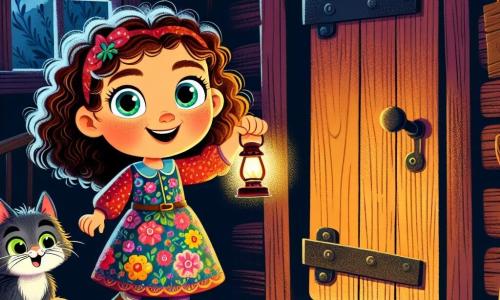 Una ragazza di 8 anni, Sofia, con i capelli ricci e castani e gli occhi pieni di curiosità, si trova davanti a una piccola porticina di legno, con un grande sorriso meravigliato sul volto. Indossa un vestito colorato a fiori e tiene una torcia in mano, pronta a esplorare. Accanto a lei, il suo gatto Micio, un adorabile felino dal pelo grigio e dagli occhi verdi, osserva attentamente la porticina, con le orecchie dritte, come se stesse sentendo qualcosa di emozionante. Il luogo è una vecchia casa di legno, con muri coperti di polvere e un pavimento scricchiolante. La luce fioca filtra attraverso una finestra sporca, creando un'atmosfera misteriosa. La porticina, leggermente socchiusa, lascia intravedere un passaggio oscuro e intrigante. Sofia, entusiasta, si prepara a entrare nel passaggio segreto, mentre Micio, curioso, si avvicina con cautela. L'atmosfera è carica di mistero e avventura, come se un tesoro nascosto aspettasse di essere scoperto.