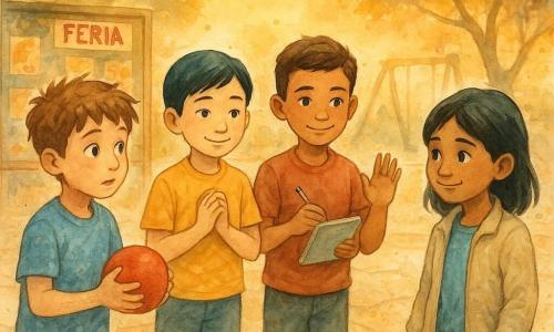 Hay cinco niños: Nico, niño de ~8 años, piel clara, cabello castaño despeinado, a la izquierda con una pelota blanda; Leo, niño de ~8 años, de origen asiático, piel clara, cabello negro liso, centro-izquierda, manos juntas y sonrisa pensativa; Tomás, niño de ~8 años, latino, piel bronceada, cabello corto, centro-derecha con un cuaderno y lápiz, atento; Bruno, niño de ~8 años, piel oscura, cabello rizado corto, a la derecha riendo y levantando la mano; Samira, niña de ~8 años, piel oliva, cabello negro medio, algo atrás en el centro con chaqueta clara y pulsera azul, sonriente y tímida. Ambientación: patio de escuela al crepúsculo con suelo de losas cálidas, cartelera de la Feria y árboles al fondo. Situación: los cuatro chicos invitan a Samira a jugar a pasar la pelota, gesto de inclusión y ambiente cálido y tranquilo con tonos suaves.