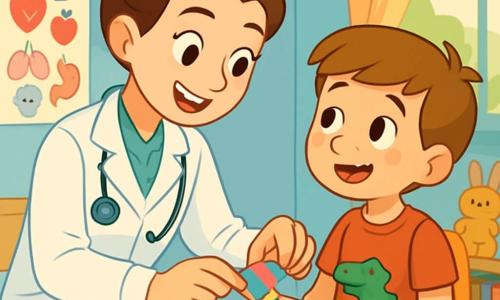 La doctora Alba es una mujer sonriente, con el cabello castaño recogido en un moño, que lleva una bata blanca impecable. Sus ojos brillantes expresan dulzura y determinación mientras examina a un niño pequeño. Tomás, un niño de 7 años, tiene las rodillas raspadas y una mirada preocupada, pero comienza a sonreír al ver a la doctora. Está sentado en una silla, sosteniendo un pequeño juguete en forma de dinosaurio. El decorado es un consultorio médico acogedor, con paredes pintadas de azul claro, carteles coloridos sobre la salud y un rincón de juegos lleno de peluches y libros. La luz suave entra por una ventana, creando una atmósfera cálida y tranquilizadora. La situación principal muestra a la doctora Alba curando la herida de Tomás con un vendaje colorido, mientras le explica con entusiasmo cómo cuidarse. Ambos comparten un momento de complicidad, ilustrando la importancia de la confianza y el cuidado.
