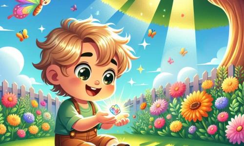 Un bambino di un anno, Leo, con i capelli biondi in disordine e occhi scintillanti di curiosità, è seduto sull'erba verde del giardino. Ha un grande sorriso sul volto, meravigliato da una piccola pietra luminosa che tiene tra le mani. Accanto a lui, una farfalla colorata, con ali multicolori, vola gioiosamente attorno a Leo, aggiungendo un tocco di magia alla scena. Il giardino è pieno di fiori brillanti di tutti i colori, con un grande albero maestoso sullo sfondo, i cui rami si estendono come braccia accoglienti. I raggi di sole filtrano tra le foglie, creando ombre danzanti sul terreno. La scena principale mostra Leo che scopre la pietra magica, affascinato dalla sua luce, mentre la farfalla lo incoraggia a esplorare la verità e l'amicizia nel suo giardino incantato.