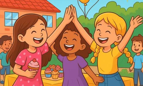 Há 3 personagens: - Clara: uma menina de 8 anos com longos cabelos castanhos, vestindo um vestido rosa com bolinhas brancas. Ela sorri alegremente, segurando um cupcake em uma mão e levantando a outra para mostrar o novo gesto de amizade. - Joana: uma menina de 8 anos com cabelos loiros em tranças, vestindo uma camiseta amarela e uma saia de denim. Ela dança entusiasticamente, com os braços no ar, pronta para fazer o gesto secreto. - Sofia: uma menina de 8 anos com cabelos cacheados castanhos, vestindo um vestido roxo. Ela está no centro, rindo e cercada por suas amigas, pronta para se juntar ao gesto de amizade. O local é o pátio da escola Vila Alegre, decorado com guirlandas de corações de papel, balões coloridos e flores vibrantes. As crianças brincam ao redor de uma grande mesa cheia de deliciosos cupcakes e doces, enquanto raios de sol iluminam a cena alegre. A situação principal mostra as três amigas fazendo seu gesto de amizade, um movimento das mãos seguido de um grande abraço. Elas riem juntas, cercadas por outras crianças que as observam com sorrisos admirados, criando uma atmosfera de felicidade e camaradagem.