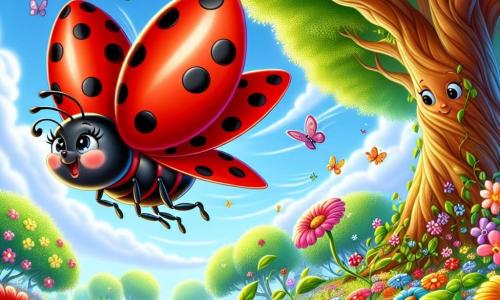 Una piccola coccinella di nome Lilla, con un corpo rosso brillante punteggiato di punti neri, vola gioiosamente nell'aria, le sue ali traslucide brillanti catturano la luce del sole. Mostra un'espressione di determinazione e meraviglia mentre si libra sopra fiori colorati. Vicino, un grande albero maestoso con foglie verdi lussureggianti si erge, con un volto amichevole e saggio, come se osservasse Lilla con benevolenza, i suoi rami si estendono per offrire riparo. Il luogo è un giardino incantato, pieno di fiori brillanti di tutti i colori, farfalle che danzano e un cielo blu chiaro punteggiato di nuvole soffici. La scena principale mostra Lilla che vola alta nel cielo, sfidando il vento che soffia forte, mentre cerca un posto sicuro dove posarsi, illustrando il suo coraggio e la determinazione di superare gli ostacoli.