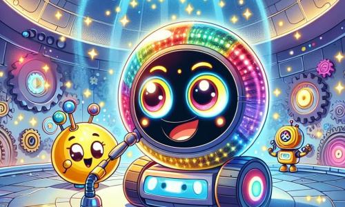 Un robot aspirapolvere gioioso, con un corpo rotondo e colorato, occhi luminosi e un sorriso splendente, sta ballando con entusiasmo al centro di una stanza futuristica piena di ingranaggi e luci scintillanti. Accanto a lui, una lampada intelligente, con un volto amichevole e un bagliore caldo, lampeggia di gioia applaudendo, aggiungendo un tocco di magia alla scena. Sullo sfondo, un piccolo robot giallo, simile a un giocattolo, osserva con ammirazione, gli occhi brillanti di eccitazione, mentre tiene un attrezzo a forma di chiave. Il luogo è una sala futuristica, con muri in vetro trasparente, dove luci colorate danzano sulle superfici lucide, e una grande sfera di energia luminosa fluttua al centro, emettendo bagliori di luce che illuminano tutta la stanza. La situazione principale mostra il robot aspirapolvere e la lampada che cantano e ballano attorno alla sfera di energia, cercando di infonderle energia positiva per farla brillare e salvare la loro città.