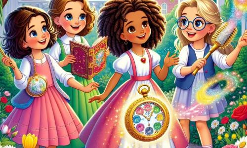 In un giardino fiorito, quattro ragazze di nove anni si tengono insieme, raggiante di gioia. Allegra, con i suoi capelli ricci e il sorriso splendente, è al centro, mentre tiene un piumino magico scintillante. Alla sua destra, Marta, con gli occhi brillanti e i capelli biondi, guarda con meraviglia un grande libro di magia. A sinistra, Viola, con i capelli lisci e castani, tiene un orologio che gira al contrario, mostrando ore colorate. Infine, Camilla, con i capelli castani e occhiali rotondi, sorride mentre tiene una spazzola per capelli che danza nell'aria. Il giardino è un vero e proprio quadro di colori vivaci, con rose rosse, margherite bianche e tulipani gialli che danzano nella brezza. Un grande salice piangente, con i rami pendenti, offre un'ombra dolce, mentre un sentiero di ghiaia si snoda tra i fiori. Le quattro amiche stanno preparando una sorpresa magica per la festa della mamma, utilizzando oggetti incantati per rendere felici le loro mamme. L'atmosfera è piena di risate e magia, mentre scambiano idee e sorrisi complici, pronte a rendere questa giornata indimenticabile.