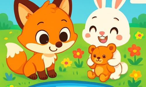 A small bright orange fox named Finn, with big shiny eyes and a bushy tail, stands by a sparkling pond. He has a curious yet lighthearted expression, looking at his reflection in the clear water. Next to him is a small white bunny named Bella, with large ears and a sweet smile, holding a repaired toy, her face beaming with joy and satisfaction. The setting is a magical meadow filled with vibrant flowers under a blue sky dotted with fluffy clouds. The pond in the center shines like a mirror, reflecting the colors of the sky and surrounding flowers. The main scene shows Finn and Bella, together and happy, playing by the pond, celebrating their friendship after fixing Bella's toy, surrounded by a joyful and bright atmosphere.