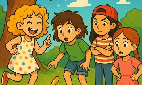 There are four children: Lila, a 10-year-old girl with curly golden hair wearing a colorful polka dot dress, joyfully jumps on one foot with a big smile on her face; Mabel, a 9-year-old girl with messy brown hair in a green t-shirt and denim shorts, approaches curiously with wide eyes, ready to discover the treasure; Zoe, an 11-year-old girl with smooth black hair wearing a red cap backward and a striped t-shirt, observes the group with crossed arms and a determined look; Tilly, a 10-year-old girl with braided red hair in a pink dress, stands a bit back with hands on her hips, showing an expression of excitement mixed with concern. The four children are near an old oak tree in a sunny park, where the ground is dotted with colorful flowers and sparkling leaves. In the background, a bright blue sky is decorated with candy-shaped clouds. The main scene shows the children discovering a mysterious shiny object, a golden spoon, emerging from the ground. Lila, smiling broadly, points to the spoon while the others approach with curiosity, their eyes shining with excitement and wonder.