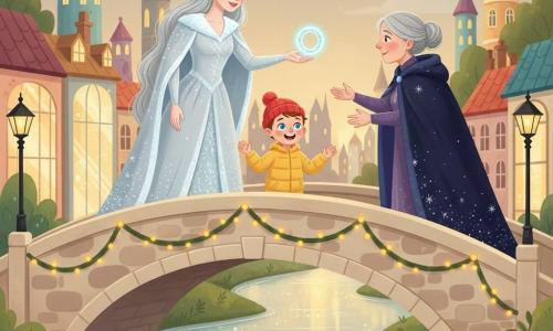 The Snow Queen (from Hans Christian Andersen) appears serene and kind, pale-faced with slightly rosy cheeks, in a long silvery gown and translucent snowflake crown, offering a shining ice ring from her outstretched hand to an older witch on an arched bridge over a shimmering river at dusk; an enthusiastic 8-year-old boy with a bright red hat and yellow jacket stands between them encouragingly; the witch’s dark cloak shifts to starry midnight blue, her gray hair up and surprised expression softening; rooftop gardens, glass facades and colorful towers line the banks, with string lights and golden reflections in the water, and warm, gentle light turns the scene into a peaceful, magical urban landscape.