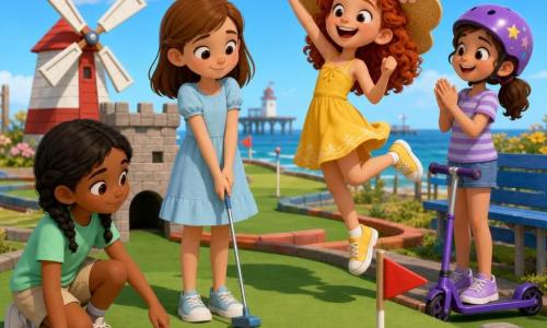 Four 8-year-old girls play together at a colorful coastal mini-golf course: Mia, center-left, fair skin, mid-length light brown hair, freckles, pale blue dress, holding a small putter as her ball rolls toward the dark tunnel entrance of a small stone castle; Ruby, right, curly red hair, wide straw flower hat, bright yellow dress, jumping on one leg and making an enthusiastic gesture; Leila, left, black hair in braids, calm eyes, mint green T-shirt and beige shorts, crouching and pointing at a golf ball on the turf; Tess, background right, tied brown hair, purple helmet with star stickers, striped purple T-shirt, holding a purple scooter and clapping. The course has green artificial turf, playful obstacles (red-and-white windmill, small stone castle with a tunnel), miniature flags, a blue-painted wooden bench, a partial sea and pier view, and a clear summer sky with fluffy clouds; saturated colors, soft cel-shaded shadows, crisp textures, warm friendly atmosphere.