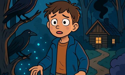 Um garoto de 10 anos, Lucas, está no centro da floresta escura, com os olhos arregalados de medo e admiração. Ele tem cabelos castanhos bagunçados, uma jaqueta azul desgastada e calças bege. Suas mãos tremem levemente enquanto ele observa ao redor, preocupado e curioso. Perto dele, uma corvo negra com penas brilhantes pousa em um galho baixo, olhando para Lucas com um olhar penetrante, quase como se pudesse falar. A floresta é densa e misteriosa, com árvores tortas e troncos rugosos, cujas folhas escuras filtram a luz da lua. Luzes azuis flutuam no ar, iluminando levemente o caminho à frente de Lucas, enquanto uma névoa roxa se levanta do solo, criando uma atmosfera inquietante. Lucas está em uma encruzilhada, hesitando entre três caminhos: um brilha com luzes, outro está envolto em névoa, e o último leva a uma cabana antiga, de onde sai fumaça negra. Ele deve escolher seu caminho, com o coração acelerado nesta floresta que parece viva e cheia de segredos.