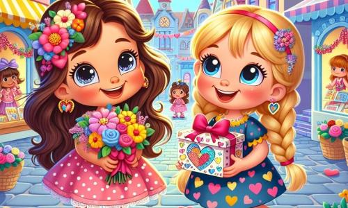 Uma menina de 6 anos, Sofia, com longos cabelos castanhos e olhos brilhantes, sorri alegremente segurando um buquê de flores coloridas nos braços. Ela usa um vestido rosa com bolinhas brancas e sandálias amarelas. Ao seu lado, sua melhor amiga Lúcia, também de 6 anos, tem cabelos loiros trançados e um grande sorriso. Ela veste um vestido azul com estampas de corações e segura um pequeno cartão decorado com desenhos coloridos. A cena acontece em uma charmosa rua principal, decorada para o Dia dos Namorados, com corações de papel pendurados nas janelas e guirlandas de flores. O sol brilha em um céu azul claro, iluminando a atmosfera alegre. Sofia e Lúcia estão distribuindo flores e cartões para seus amigos, enchendo o ar de risos e felicidade, enquanto celebram a amizade e o amor neste dia especial.