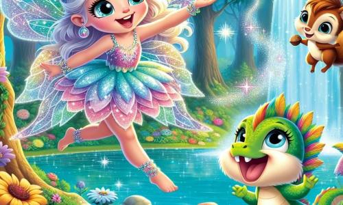 Uma fada cintilante chamada Lili, com asas brilhantes de cores pastel, voa alegremente sobre um lago azul cintilante. Seu rosto está iluminado por um grande sorriso, e ela usa um vestido feito de pétalas de flores multicoloridas. Ela estende os braços, como se convidasse seus amigos a se juntarem a ela na dança. Ao lado dela, um pequeno esquilo chamado Tico, com pelagem marrom e olhos brilhantes, sobe em um galho de árvore, rindo e admirando Lili. Ele segura uma noz em suas pequenas patas, pronto para compartilhar. Um dragão risonho, grande e colorido, com escamas verdes e olhos redondos e amigáveis, está à beira do lago, soprando suavemente bolhas de fumaça que se transformam em formas divertidas. O local é uma clareira encantada, cercada por árvores majestosas e flores vibrantes. A cena principal mostra Lili, Tico e o dragão se divertindo juntos, dançando e rindo ao redor do lago, celebrando sua amizade em uma atmosfera alegre e mágica.