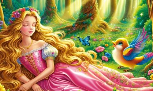 Frumoasa din pădurea adormită, o tânără de aproximativ 18 ani, este întinsă liniștită pe un pat de flori colorate, cu părul lung și auriu lăsându-se în cascade în jurul feței sale senine. Ea poartă o rochie delicată din satin roz, împodobită cu motive florale, iar expresia ei este blândă și visătoare, ca și cum ar pluti într-un vis dulce. Lângă ea, un mic păun cu pene strălucitoare, în nuanțe de albastru și galben, cântă vesel, aducând o notă de viață scenei. Locul este o poiană fermecată, înconjurată de copaci măreți cu trunchiuri groase și frunze verzi, unde razele de soare filtrează printre frunziș, creând un joc de lumină magic pe solul acoperit cu flori sălbatice. Fluturi colorați dansează în aer, adăugând o atmosferă feerică mediului. Situația principală o arată pe Frumoasa din pădurea adormită într-un moment de liniște, înconjurată de frumusețea naturii, în timp ce se pregătește să se trezească dintr-un lung somn fermecat, simbolizând speranța și renașterea.