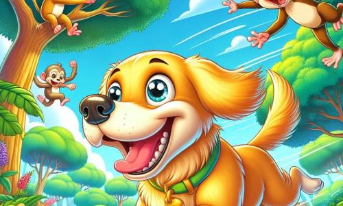 A joyful golden retriever with a shiny golden coat and sparkling eyes runs at full speed in a lush park, its tail wagging with happiness. Next to it, two playful monkeys, one with light brown fur and the other with white spots, leap from branch to branch, laughing and encouraging the dog to follow. The park is filled with tall trees with vibrant green leaves, colorful flowers, and a clear blue sky dotted with fluffy white clouds. In this dynamic scene, the dog and the monkeys are engaged in a wild race, their faces beaming with joy, while a group of curious rabbits watches them from a corner of the lawn, intrigued by this fun adventure.