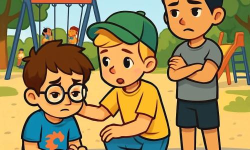 Er zijn 3 personages: - Tom: een 8-jarig jongetje met rommelig bruin haar en ronde bril. Hij draagt een blauwe t-shirt met een draak en een rode short. Hij zit op de grond met gekleurde krijtjes in zijn handen en ziet er verdrietig uit. - Bas: een 8-jarig jongetje met blond haar en een groene pet op zijn hoofd. Hij draagt een gele t-shirt en een spijkerbroek. Hij staat naast Tom, met een meelevende blik, klaar om hem te troosten. - Max: een 9-jarig jongetje met zwart haar en een grote gestalte. Hij draagt een grijze t-shirt en een zwarte short. Hij staat iets verder weg met zijn armen gekruist en een aarzelende uitdrukking op zijn gezicht. De locatie is een zonnige schoolyard met kleurrijke speeltoestellen op de achtergrond, zoals schommels en een glijbaan. De grond is bedekt met grind en gekleurde krijtjes, waar andere kinderen vrolijk spelen. Groene bomen omringen de speelplaats en bieden wat schaduw. De hoofd situatie toont Tom en Bas die samen zitten, Tom ziet er verdrietig uit omdat Max een van zijn krijtjes heeft gebroken. Bas probeert hem te troosten, terwijl Max op afstand staat en nadenkt over zijn daden. De sfeer is zowel kleurrijk als emotioneel, wat het thema van pesten en vriendschap illustreert.