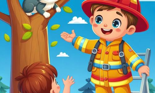 Un bombero fuerte y sonriente lleva un casco rojo brillante y un traje amarillo. Está extendiendo los brazos hacia un pequeño gatito gris, que está en una rama de un árbol, con una expresión de preocupación en su rostro. A su lado, un niño de unos 6 años, con cabello castaño y ojos brillantes, mira al bombero con admiración, con las manos en las caderas. El árbol es grande y frondoso, con un cielo azul claro de fondo y algunas nubes blancas esponjosas. La situación principal muestra al bombero tratando de salvar al gatito mientras sube por una escalera, mientras el niño lo anima con una gran sonrisa.