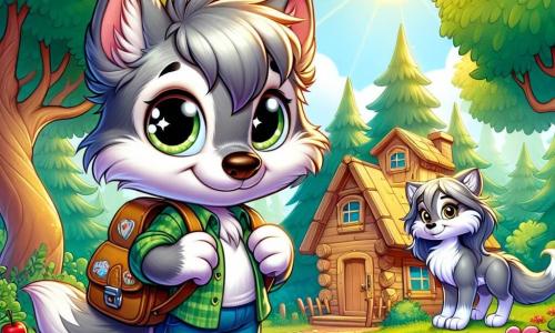 Un pequeño lobo llamado Luno, con un suave pelaje gris y ojos llenos de curiosidad, está frente a su casa de madera en el bosque. Tiene una sonrisa nerviosa en el rostro y sostiene una pequeña mochila llena de útiles escolares. A su lado, su hermana, Luna, una loba más grande con pelaje plateado y ojos cálidos, le guiña un ojo animándolo con una sonrisa confiada. Su mamá, una loba de pelaje marrón dorado, se inclina hacia Luno con una mirada tierna, dándole un último abrazo antes de irse. Su casa de madera está rodeada de árboles verdes con hojas brillantes y flores coloridas que bailan con la suave brisa. El sol brilla en un cielo azul claro, creando una atmósfera alegre y acogedora. Luno, algo dudoso pero emocionado, se prepara para entrar en el mundo de la escuela, listo para vivir su primer día de aprendizaje y amistad.