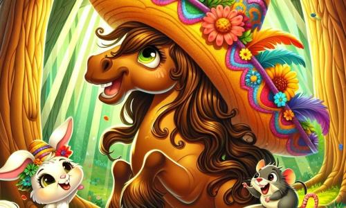 Un gran caballo de pelaje marrón dorado, con una melena sedosa y ojos brillantes de alegría, lleva un enorme sombrero colorido hecho de flores y plumas. Se encuentra en el centro, riendo y mirando al cielo, mientras el viento hace ondear su sombrero. A su lado, una pequeña conejita blanca, con grandes orejas y una sonrisa traviesa, salta de alegría, sosteniendo una rama decorada con flores. Un pequeño ratón gris, con ojos vivos y una cola larga, está sobre una piedra, riendo y señalando el sombrero que vuela. La escena transcurre en un hermoso bosque encantado, donde grandes árboles con troncos gruesos y hojas verdes brillantes crean una atmósfera mágica. Rayos de sol atraviesan las ramas, iluminando el suelo cubierto de flores coloridas. En esta situación principal, el caballo, el conejo y el ratón se divierten juntos mientras el sombrero gigante vuela por los aires, provocando risas y un ambiente alegre.