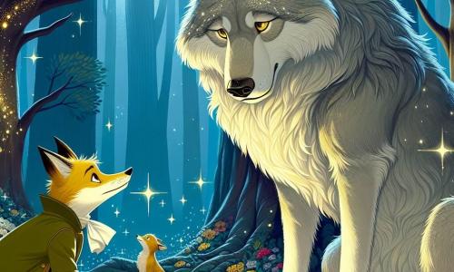 En el centro de la imagen, un Gran Lobo majestuoso, con un pelaje gris plateado y ojos brillantes como estrellas, se encuentra con una expresión de tristeza y determinación. Mira a un joven lobo, acostado sobre un lecho de hojas, su aliento débil, mientras se inclina hacia él con ternura. A la izquierda, un Zorro astuto llamado Fausto, con un pelaje dorado y ojos chispeantes de inteligencia, observa la escena con compasión. Está agachado, listo para intervenir, con una lupa en la mano, simbolizando su papel de detective. El escenario es un claro encantado del bosque de Lúmen, bañado por la suave luz de la luna. Árboles majestuosos rodean la escena, sus hojas brillando como diamantes, mientras una ligera brisa hace bailar las flores coloridas en el suelo. La situación principal muestra al Gran Lobo, preocupado por su joven lobo enfermo, buscando ayuda de Fausto, quien está decidido a entender y ayudar, ilustrando un momento de conexión y solidaridad en el corazón del bosque.