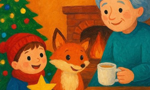 Un zorro rojo con ojos brillantes y pelaje suave está cerca de un árbol de Navidad decorado con luces centelleantes, luciendo asombrado. Un niño con una bufanda roja, mejillas rosadas y sonriendo, está al lado del zorro, sosteniendo una estrella brillante. La abuela, con cabello gris y una dulce sonrisa, le ofrece una taza de leche caliente al zorro desde una mesa de madera. La escena tiene lugar en una sala acogedora, con un fuego crepitante en la chimenea y guirnaldas luminosas en las paredes. La situación principal muestra al zorro descubriendo la magia de la Navidad en una casa acogedora, rodeado de calidez y luz.