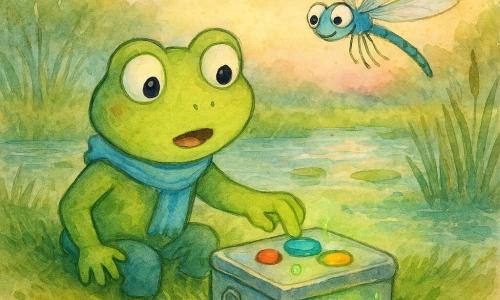 Finn, ein hellgrüner, anthropomorpher Froschjunge mit großen glänzenden Augen und leicht erstaunter Mimik, sitzt auf einem grasigen Ufer, trägt einen himmelblauen Schal und drückt sanft einen blauen Knopf an einer kleinen silbernen Zeitkiste; Bibo, eine zarte Libelle mit irisierenden, leicht verschwommenen Flügeln und einem kleinen Lächeln, schwebt rechts über ihm; die offene Kiste hat bunte Knöpfe (rot, blau, gelb), innen blinkende grüne LEDs und einen leichten grünen Schein; im Hintergrund ein kleiner klarer Bach mit Schilf, Seerosen und funkelnden Wasserreflexen vor einem pastellfarbenen Abendhimmel, Aquarelltexturen und weiche Ränder, Szene: magische Entdeckung und Aktivierung der Zeitmaschine, staunende Atmosphäre, warme Farben, sanfte Kontraste, Komposition zentriert auf Kiste und Freunde.