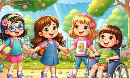 Într-un parc însorit, patru fete de 8 ani stau împreună, zâmbind și pline de energie. Clara, cu părul brun și ochelari, poartă un tricou albastru și ține o minge colorată. Lângă ea, Sofia, cu părul blond și buclat, este îmbrăcată într-o rochie roz și ține o geantă plină cu gustări. Andreea, cu părul negru și breton, poartă un tricou verde și ține o carte despre animale, în timp ce Iulia, cu părul castaniu și într-un cărucior frumos, zâmbește fericită arătând desene cu flori pe care le-a realizat. Parcul este verde, cu copaci mari și flori colorate care dansează în vânt, iar cerul este albastru cu nori albi. Fetele strâng gunoaie pentru a curăța parcul și au decis să planteze flori pentru a atrage albinele, discutând despre importanța protejării naturii, înconjurate de frumusețea parcului pe care îl iubesc.