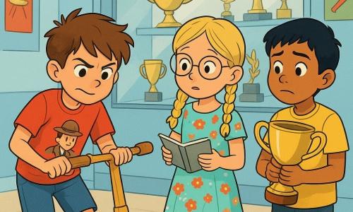 Tom, een 10-jarig jongen, heeft rommelig bruin haar en nieuwsgierige sprankelende ogen. Hij draagt een rode t-shirt met een detective-tekening en een blauwe short. Zijn gezicht straalt blije vastberadenheid uit terwijl hij aandachtig naar een grote houten step kijkt, op zoek naar aanwijzingen. Naast hem kijkt Eva, een 9-jarig meisje met gevlochten blond haar en ronde bril, met een mix van opwinding en bezorgdheid. Ze draagt een bloemenjurk en houdt een klein notitieboekje vast, klaar om aanwijzingen op te schrijven. Samir, een 11-jarig jongen, staat iets op de achtergrond, met zwart haar en levendige ogen. Hij houdt een grote glanzende trofee vast, zijn gezicht toont een schuldige maar opgeluchte uitdrukking. De scène speelt zich af in de lichte gang van de school, met lichtblauwe muren en kleurrijke posters aan de muur. De houten step staat voor een grote vitrine vol glinsterende trofeeën. Tom, Eva en Samir staan rond de step, onderzoeken de aanwijzingen om het mysterie van de verdwenen trofee op te lossen, ieder met een vastberaden uitdrukking op hun gezicht, klaar om de waarheid te ontdekken.