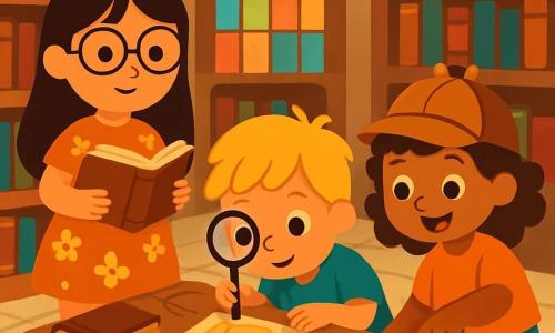Ci sono 3 personaggi: - Anna: una ragazza di 8 anni, con lunghi capelli castani e occhiali rotondi. Indossa un vestito a fiori e tiene un vecchio libro in mano. - Luca: un ragazzo di 7 anni, con capelli biondi arruffati e una maglietta blu. È accovacciato, esaminando una mappa con una lente d'ingrandimento. - Mia: una ragazza di 6 anni, con capelli ricci e un cappello da detective. Sorride e punta il dito su un'impronta sul pavimento. I tre amici si trovano in una biblioteca antica, con grandi scaffali di legno pieni di libri polverosi. La luce soffusa filtra attraverso finestre di vetro colorato, creando ombre danzanti sul pavimento di marmo. La scena principale mostra i bambini intenti a indagare, cercando indizi su un tesoro nascosto, concentrati ed entusiasti, circondati da libri aperti e vecchi oggetti, pronti a risolvere il mistero insieme.