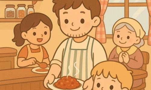 Matteo è al centro, sorridente e sereno, viso rotondo con barba nascente e capelli castani scomposti, con un grembiule crema e verde a righe, tiene un piatto fumante di ragù leggero su una piccola piattina di ceramica bianca; a sinistra Giulia, sui trent'anni, capelli castani legati in coda, sguardo entusiasta, con un cucchiaino guarnisce i piatti vicino a un bancone di legno; una cliente anziana con capelli grigi e foulard giallo chiaro è seduta vicino alla finestra, mani giunte e sorriso verso Matteo, con una tovaglietta a fiori sulle ginocchia; in primo piano Tommaso, un bimbo con farina sulle guance e capelli biondi, tiene una forchettina e osserva curioso; la cucina è calda e accogliente: pareti ocra, mensole di legno con barattoli di pasta e spezie, grande finestra con tendina a quadretti rossi e bianchi e lampade di rame che diffondono luce dorata; la scena mostra Matteo che serve il ragù con una leggera foschia di vapore, atmosfera conviviale, colori caldi, texture semplici e forme arrotondate.