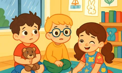 Ci sono 3 personaggi: Matteo, un ragazzo di 5 anni con capelli castani disordinati e occhi scintillanti, indossa una maglietta rossa con un dinosauro e pantaloni corti blu, seduto su un tappeto morbido con un piccolo orsetto di peluche. Luca, un altro ragazzo di 5 anni con capelli biondi e occhiali rotondi, indossa un maglione giallo e pantaloni verdi, è accanto a Matteo a guardare il disegno che Giulia sta facendo. Giulia, una ragazza di 5 anni con capelli lunghi e ricci raccolti in due codini, indossa un vestito a fiori colorati, seduta per terra, sta disegnando con pastelli su un grande foglio bianco. La scena si svolge in un'aula luminosa con pareti giallo pastello, finestre che lasciano entrare la luce del sole e scaffali pieni di libri colorati e giocattoli. A terra, un grande tappeto morbido dove i bambini sono seduti, circondati da disegni appesi alle pareti. I ragazzi, un po' preoccupati, guardano fuori dalla finestra dove inizia a piovere, mentre Giulia, sorridendo, disegna una grande spirale blu, cercando di distrarli dalla paura.