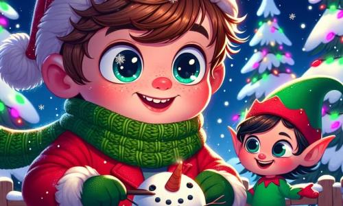 Un niño de 5 años, llamado Miguel, con cabello castaño desordenado y mejillas sonrosadas, lleva un abrigo rojo brillante y una bufanda verde tejida por su abuela. Tiene ojos brillantes de emoción y una gran sonrisa mientras construye un hermoso muñeco de nieve en su jardín, rodeado de copos de nieve brillantes. Junto a él, un pequeño duende llamado Tin, con un sombrero puntiagudo verde y orejas puntiagudas, mide apenas 30 cm. Sonríe traviesamente y sostiene una pequeña caja brillante, listo para compartir la magia de la Navidad con Miguel. El lugar es un jardín nevado, iluminado por guirnaldas navideñas de colores colgadas en los árboles, con un cielo estrellado de fondo, creando un ambiente mágico y cálido. La situación principal muestra a Miguel, maravillado, descubriendo la magia de la Navidad con su amigo el duende, mientras se preparan para compartir regalos encantados bajo las luces brillantes del jardín.